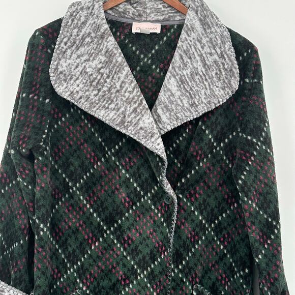 Stan Herman Wrap Front Robe Womens Medium Dark Green Pink Fleece Pockets - Picture 2 of 9